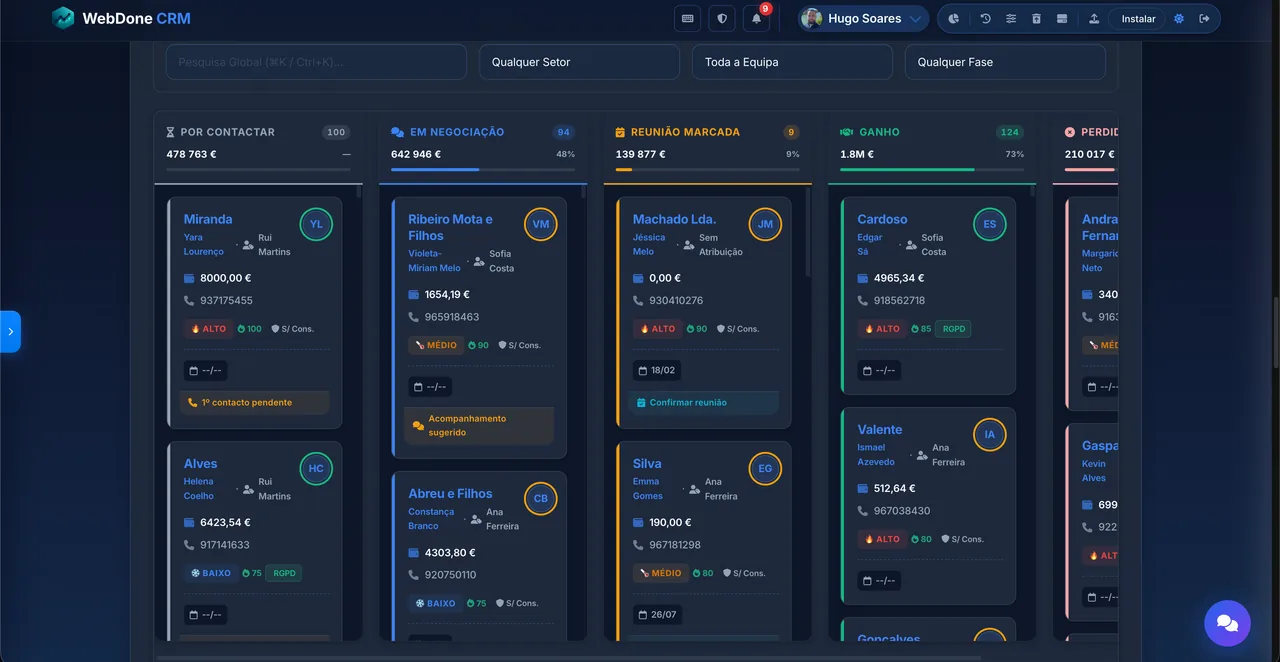 Pipeline Kanban do WebDone CRM com negócios por etapa e valores
